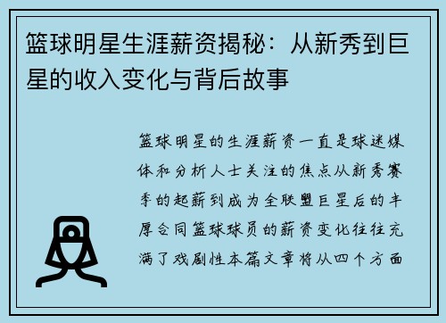篮球明星生涯薪资揭秘：从新秀到巨星的收入变化与背后故事