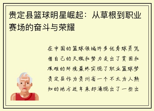贵定县篮球明星崛起：从草根到职业赛场的奋斗与荣耀